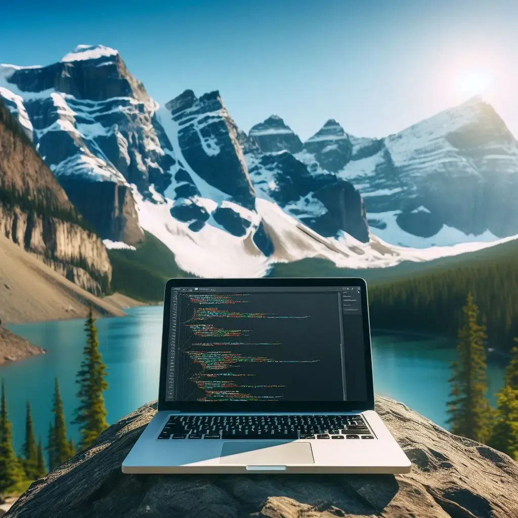 Laptop computer displaying code on the screen, placed on a rock outdoors with snow-covered mountains, a lake, and trees in the background during the day.