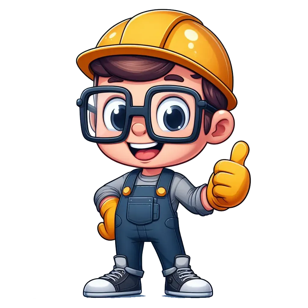 Cartoon character giving a thumbs up with a bright smile, wearing a yellow hard hat, gloves, overalls, sneakers, and black square glasses.