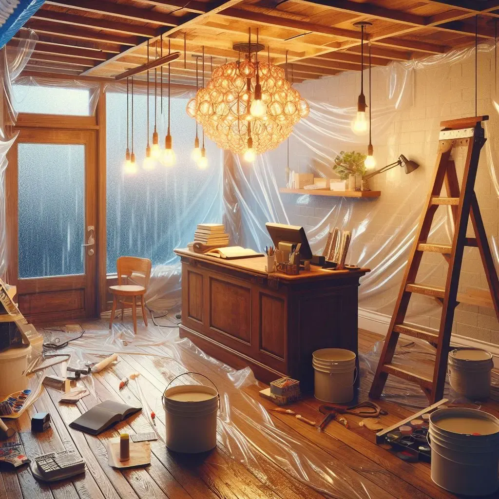 Small business undergoing renovation. Plastic covers the walls and floors, there's a ladder, paint buckets, a table with a computer, chairs, lights, a chandelier, and it's raining outside.