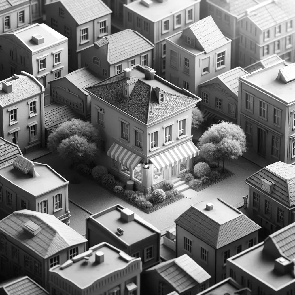 Black and white image of small businesses. A central business with awnings over the windows stands amidst trees and plants.