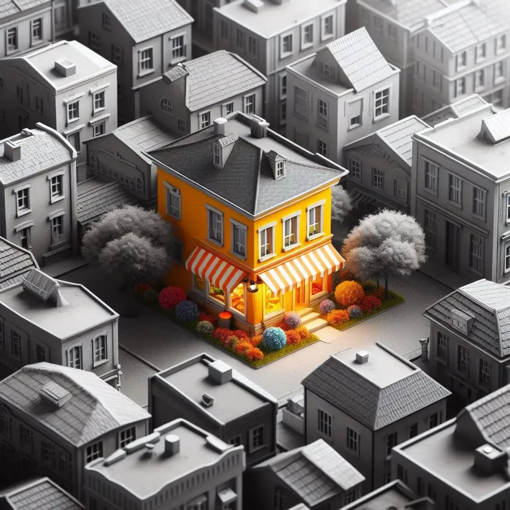 Black and white image of small businesses. A central business stands out with orange walls, red and white striped awnings, multicolored plants, and a warm light shining inside the store.