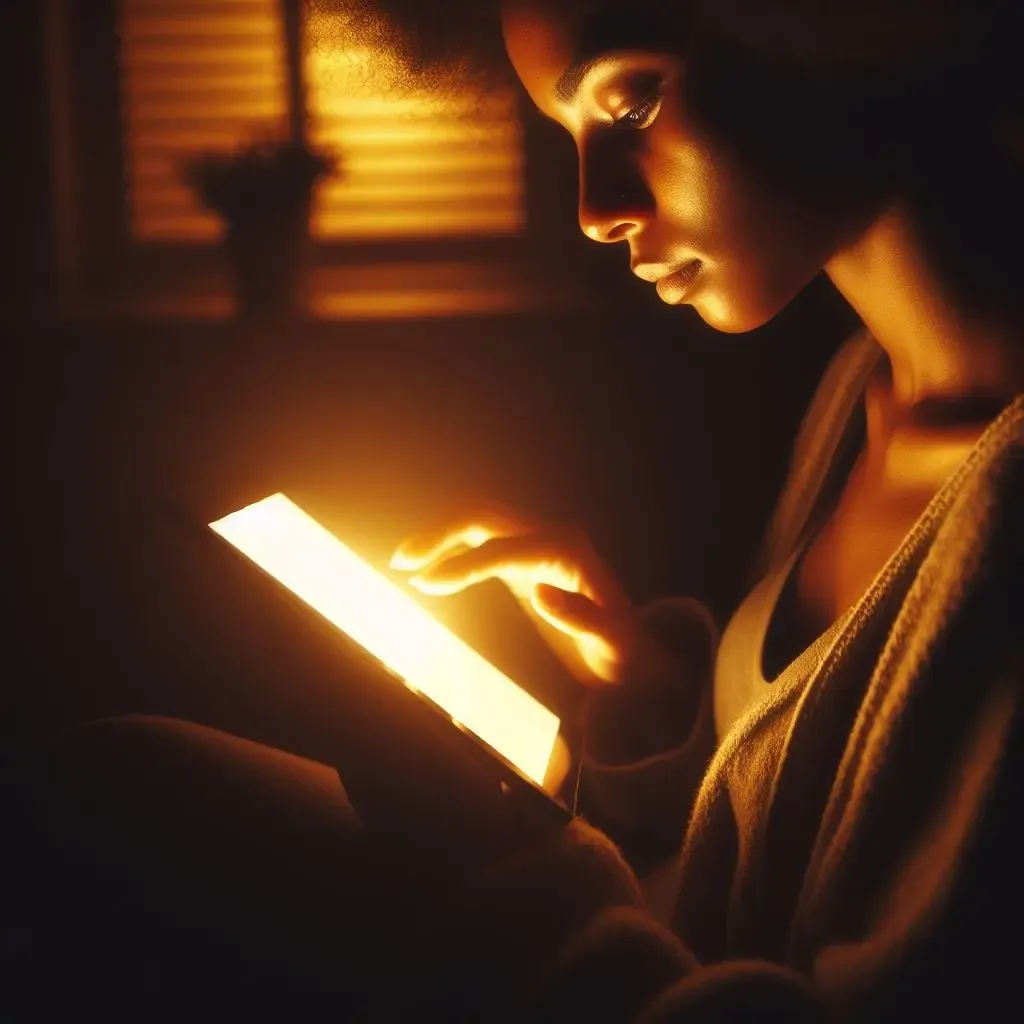 Woman sitting on a couch in her living room, interacting with a tablet, illuminated by the golden light from the device.