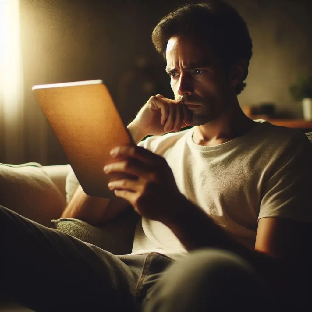 Man sitting on a couch at home with a worried look on his face, looking at something on a tablet that he's holding out in front of him.