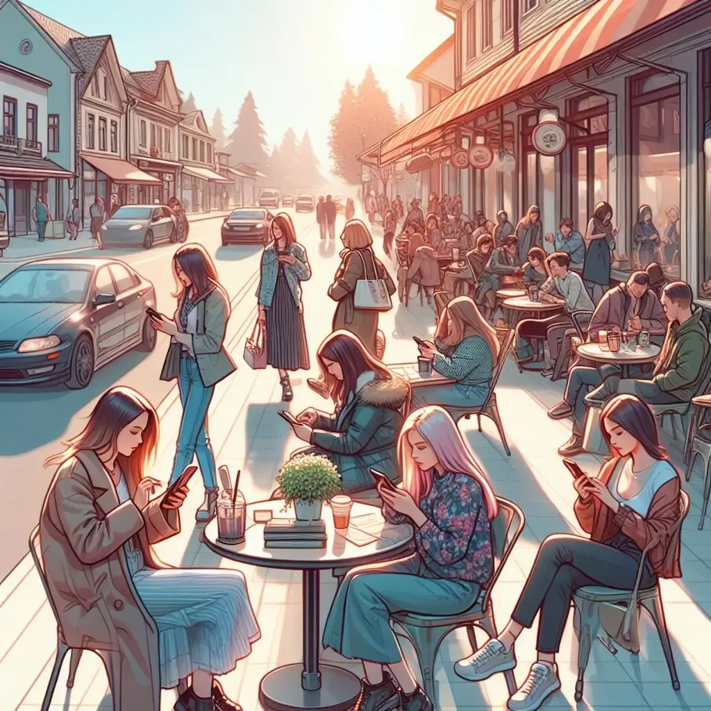 Illustration of a busy street with small businesses and cafes. People sitting outside at coffee tables, looking at their phones, and cars driving down the road during a warm autumn day.