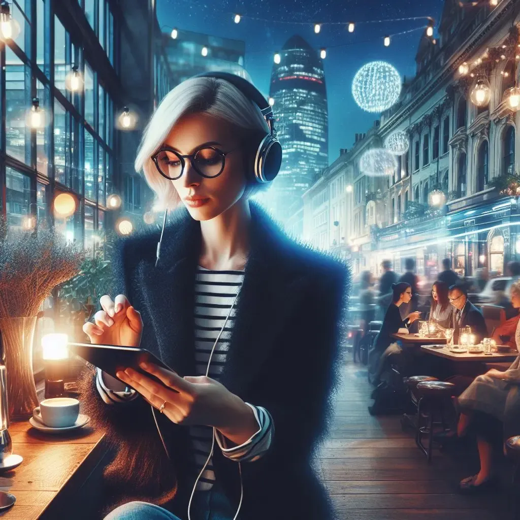 Woman sitting outside at a cafe at night in London. She has short blonde hair, round glasses, headphones, jacket, and is looking at her phone. In the background, people are sitting at coffee tables having conversations, with the iconic Gherkin building visible.