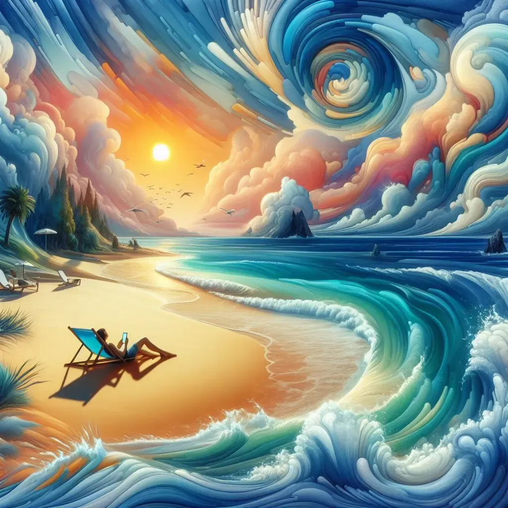 Person lying on a beach chair at the beach, using their phone. The sun is in the sky, and the clouds and ocean waves swirl around in the scene.