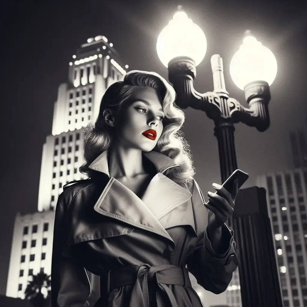 Noir black and white image of a woman in 1960's Los Angeles. She has wavy blonde hair, red lipstick, wearing a trench coat, looking at her phone while standing next to a light post. In the background, there's a building that resembles City Hall.