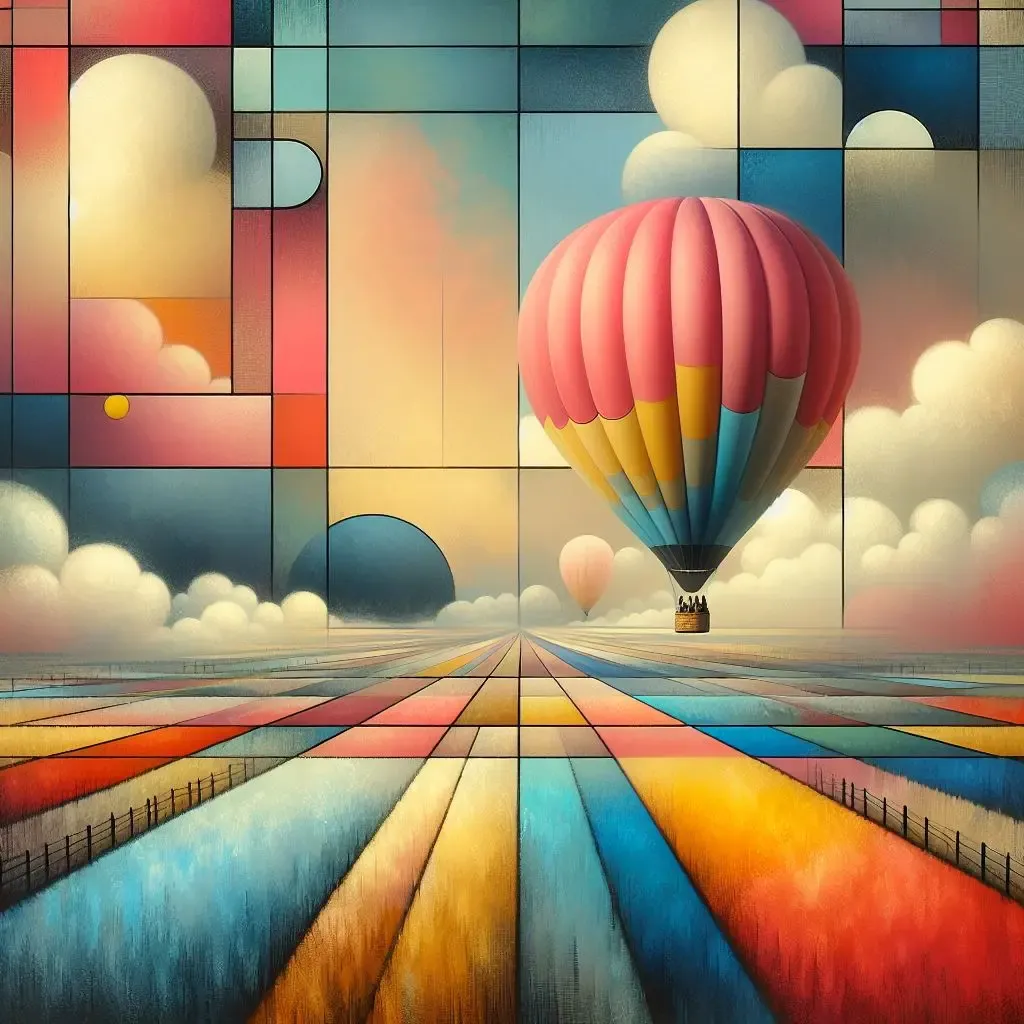 Piet Mondrian inspired image of an air balloon flying over an open field. The field and the sky are broken up into colorful squares. The clouds are round and bubbly.