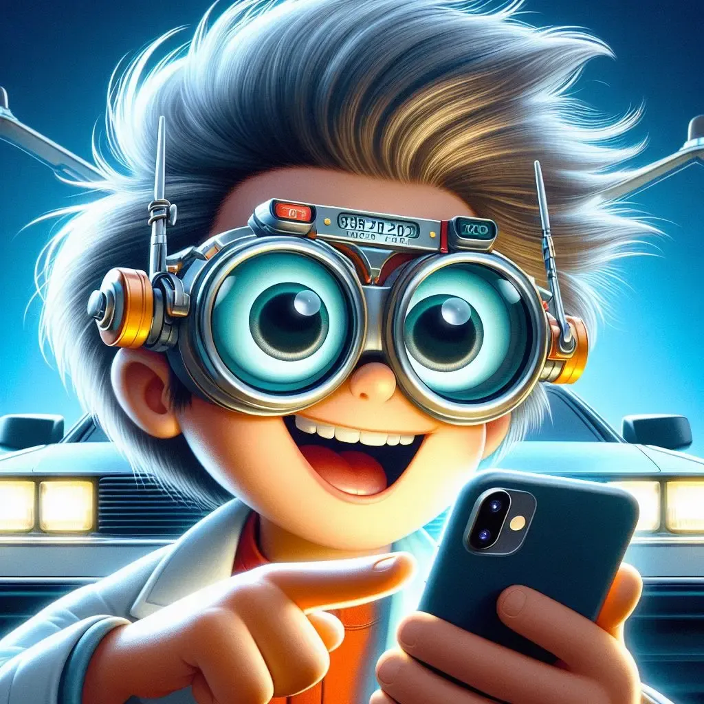 Cartoon image of a kid inspired by Doc from Back to the Future. He is wearing futuristic scientific goggles, has a happy smile on his face, big eyes, and is wearing a white science coat. The iconic DeLorean from the movie is in the background. He is holding a mobile device, and his hair is blowing in the wind as he goes to touch the screen, looking amazed.