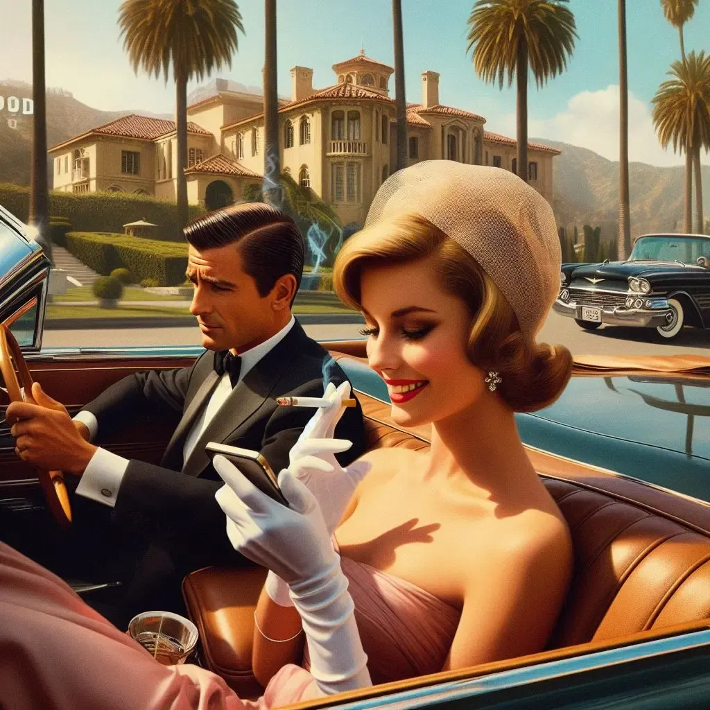 A women in a convertible being driven around Hollywood by a man wearing a suit and bow tie. The woman is dressed elegantly, holding a cigarette, and looking at a mobile device with a smile on her face.