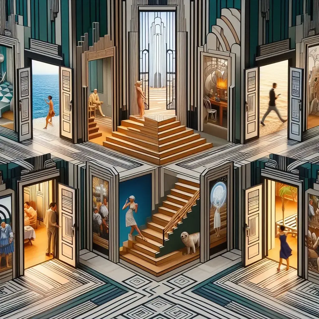 Art deco-inspired image of a room with doors open to alternate realities, revealing surreal and imaginative scenes behind each door.