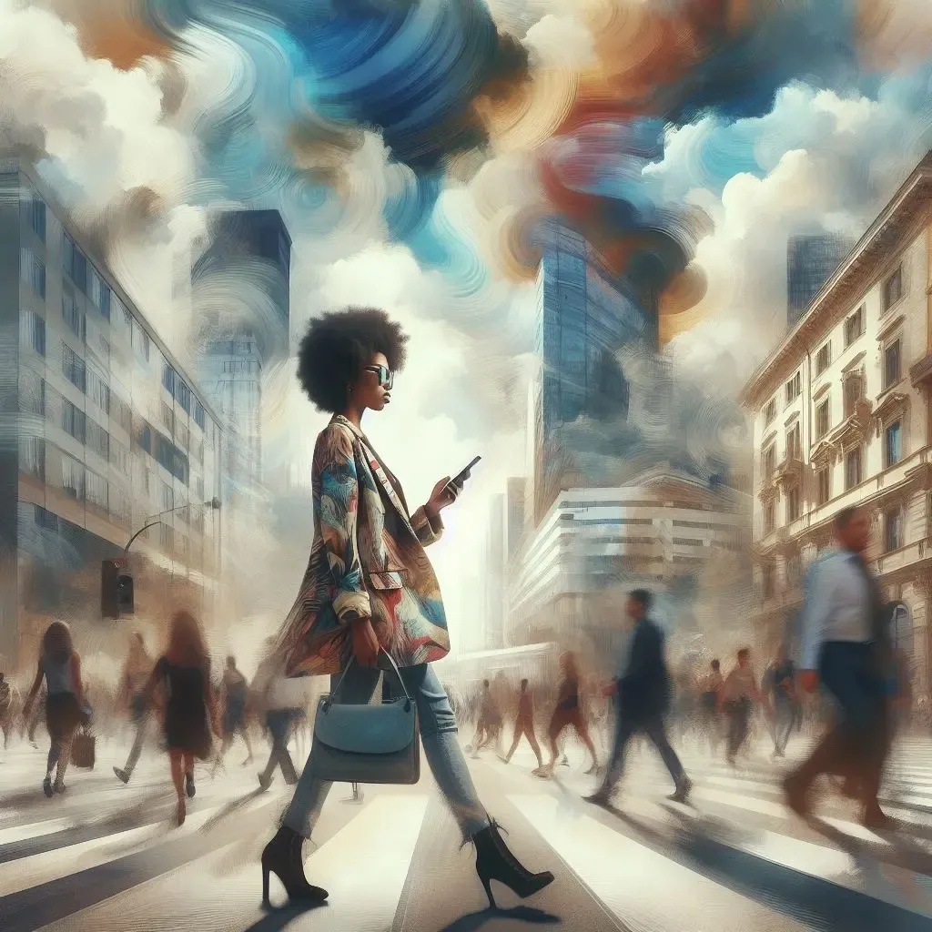 Confident woman crossing the street, holding her mobile phone, dressed in chic fashion. The scene around her is wavy, blurry, but colorful, with people walking, a cityscape, and she remains in focus.