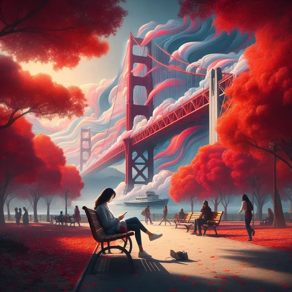 Woman sitting on a bench in the park with the San Francisco Bridge in the background. It's Autumn, with red leaves on the trees. People wander around the park, and the wind carries red, blue, and grey streaks over and between the bridge. The sun is shining in the sky.