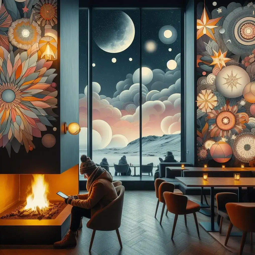 Man inside a cafe during winter, sitting next to an open fire, dressed in winter clothes, looking at his phone. Colorful shapes and symbols decorate the walls, tables, and chairs fill the cafe. Outside, people sit at coffee tables, looking at snowy mountains, and clouds resembling bubbles, with the Moon in the sky.