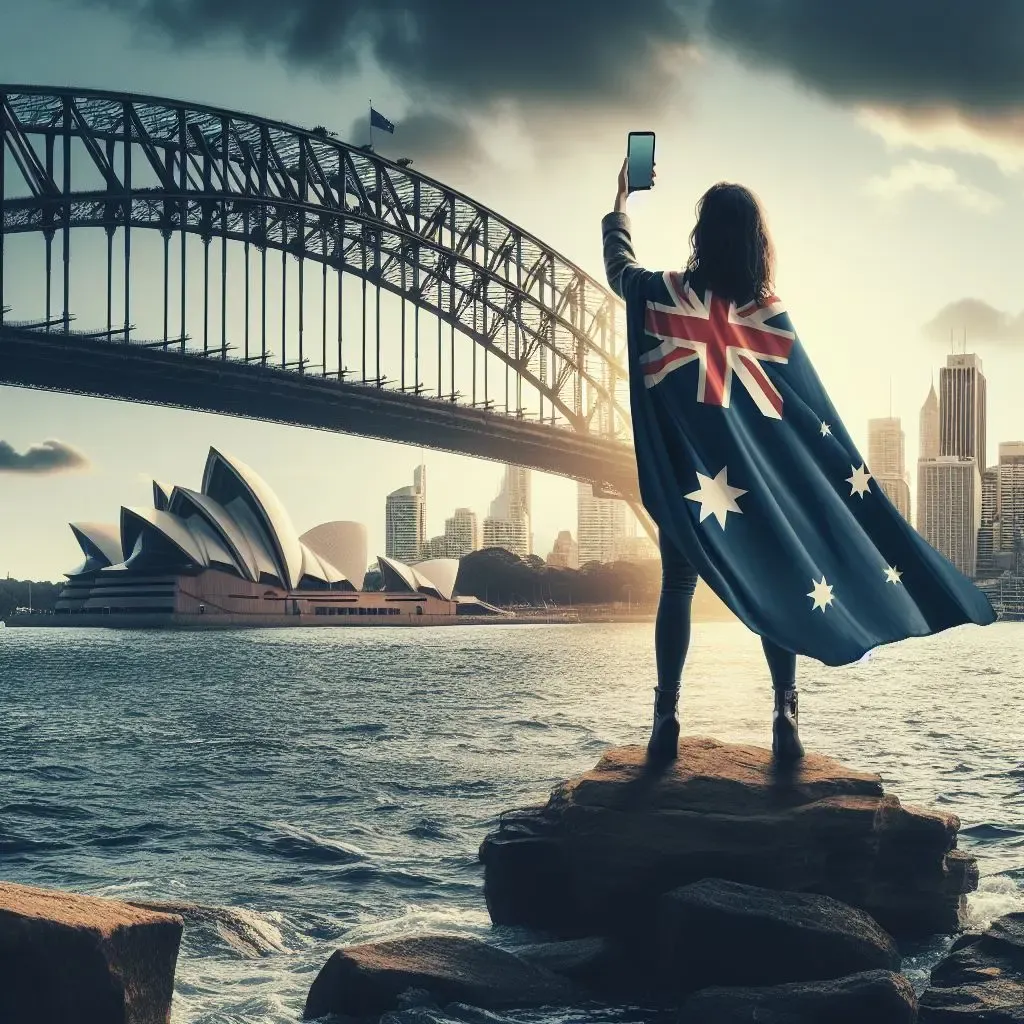 Australian woman standing proudly on a rock at Sydney Harbour, holding up her phone to get an internet connection. She wears the Australian flag as a cape, with the iconic Sydney Opera House and Sydney Harbour Bridge in the background.