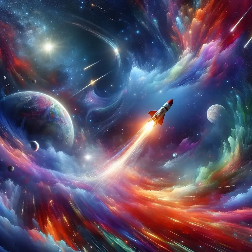 Rocket soaring through a vibrant-colored space with planets and shooting stars in the background, accompanied by a mesmerizing swirl of colors.
