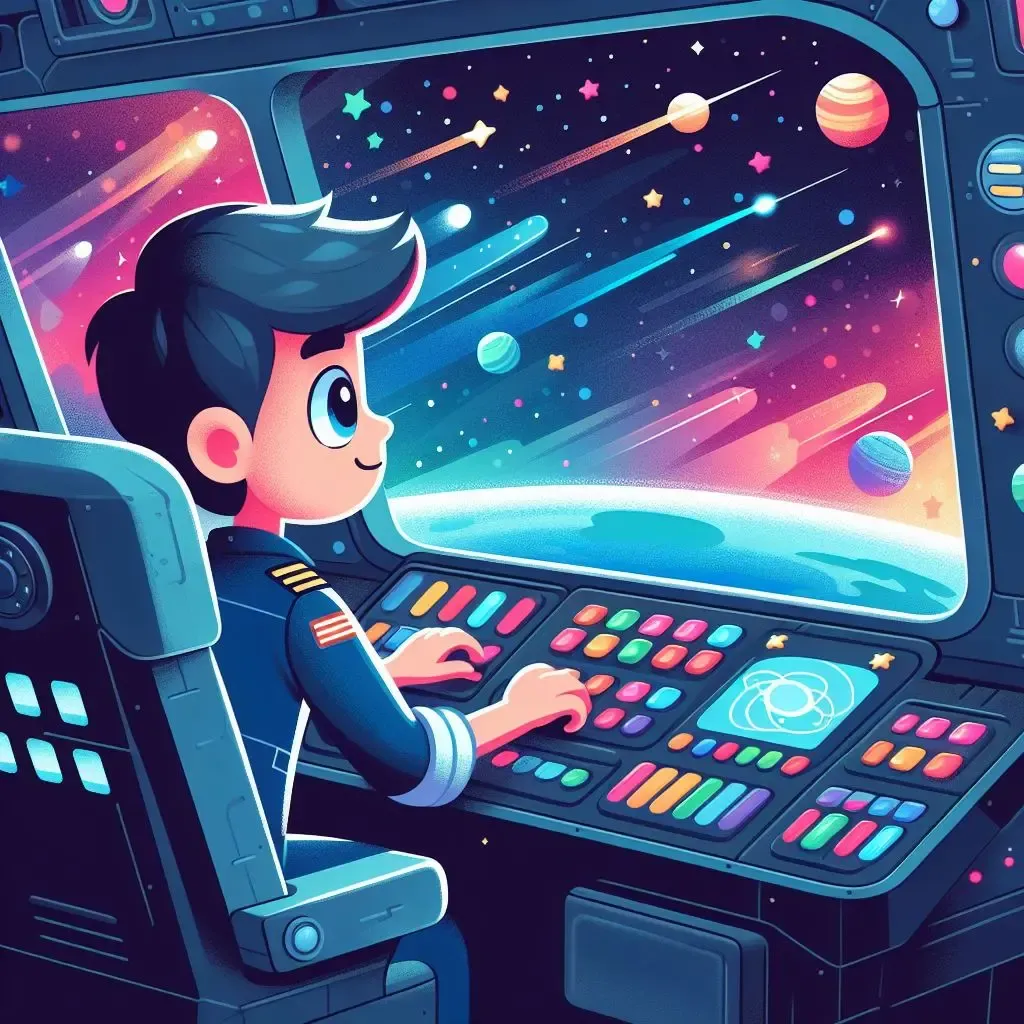 Cartoon character sitting in the captain's chair, pressing buttons on a console, and gazing out the window into space. Colorful asteroids soar through the cosmic scene, capturing the character's sense of amazement.