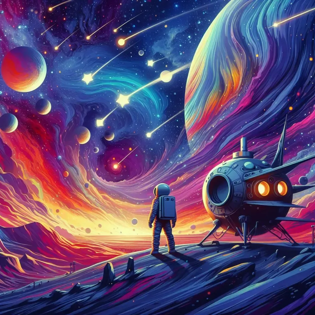 Avant-garde spaceship landed on a vibrant planet. An astronaut stands next to it, gazing out into the colorful expanse of space, adorned with swirling hues, asteroids, planets, and stars.