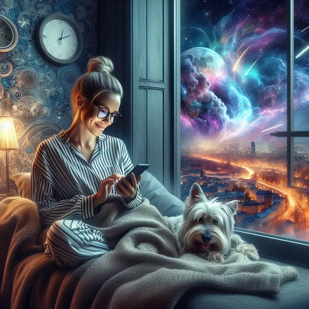 Woman in pajamas smiling while looking at her phone in bed. Her white-haired Skye Terrier is beside her, both wrapped in a blanket. Through the window, the city is visible, but the sky transforms into a vibrant cosmic space with clouds and planets.