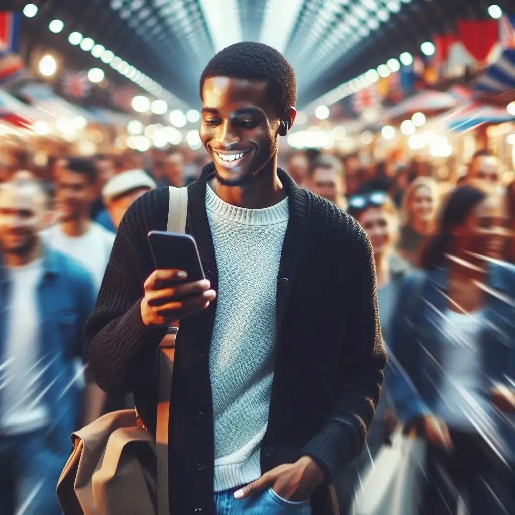 Man walking through a fast-moving crowd, looking at his phone, and smiling.