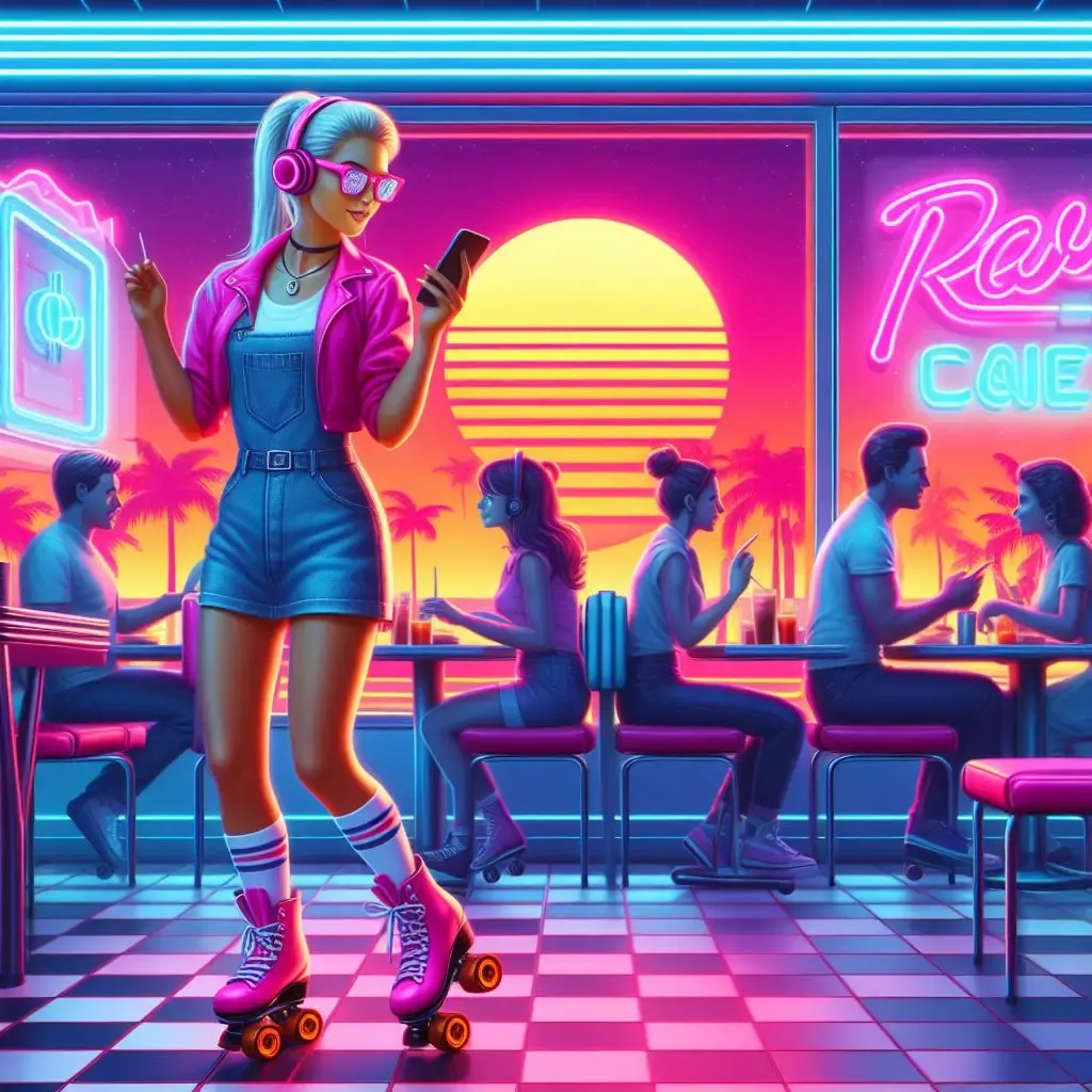 90's retro cafe scene with neon lights, a retro sun in the background, and people sitting at tables in conversation. The waitress, wearing roller skates, sunglasses, and headphones, is looking at her phone.