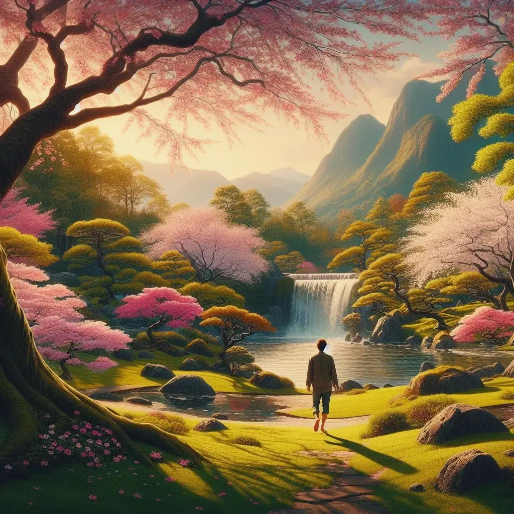 Person walking towards a peaceful Japanese garden with mountains and waterfall in the background.