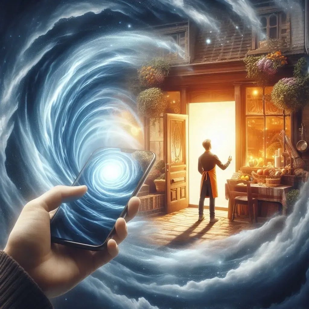 Person holding a phone with a swirling image on the display, creating a portal. Inside the portal, a small business owner stands outside their shop, looking through the open door at a bright, golden light.