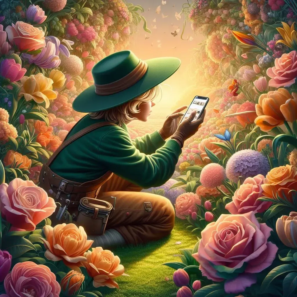 Woman sitting in her garden surrounded by vibrant flowers, wearing a green hat, shirt, and brown pants. She looks at her phone with a content expression.