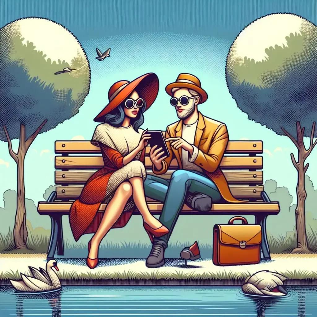 Man and woman sitting on a park bench, engaged in conversation. The man holds a phone, possibly showing something interesting to the woman.
