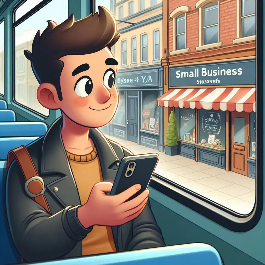 Cartoon character on a bus, gazing out the window at a small business. He has brown hair, wears a leather jacket and brown jumper, and carries a backpack. The character is holding a mobile device.