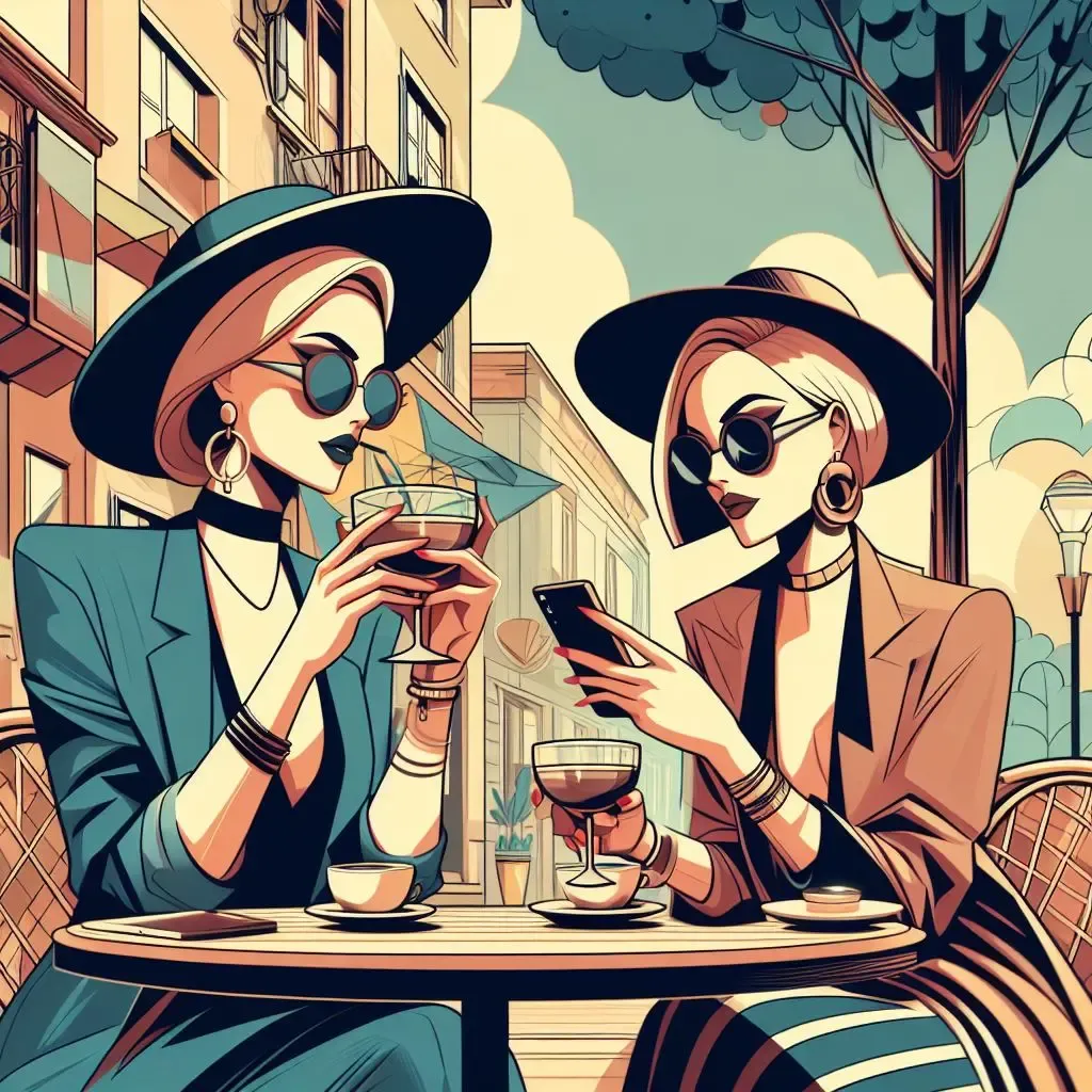 Two avant-garde chic women sitting together, one engrossed in her phone. Both elegantly hold glasses of wine, with small businesses in the background.