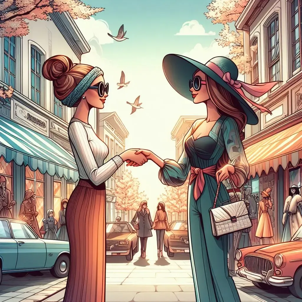 Two women in casual chic attire stand on the autumn street, shaking hands and smiling in greeting. Small businesses and cars create a lively backdrop.