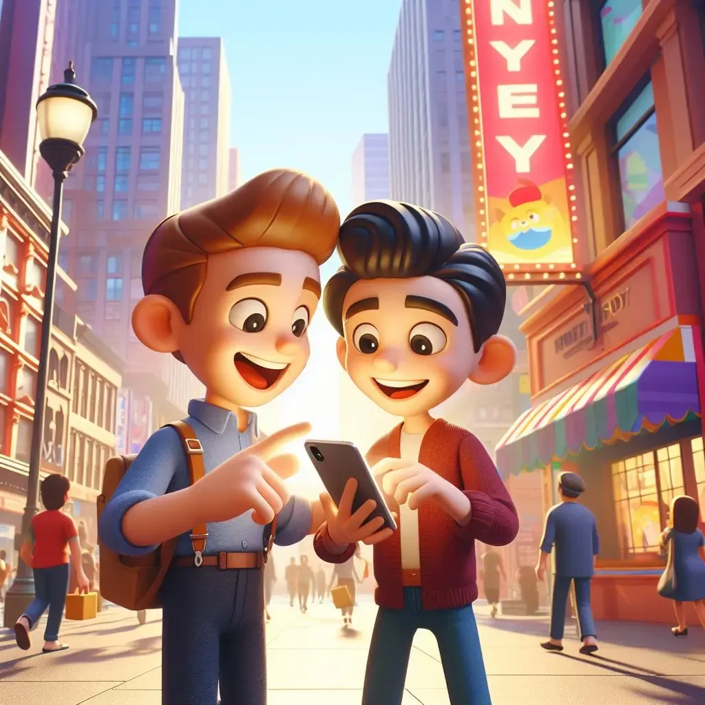 Two friends standing in the city, one holding a phone, while the other points in a direction. Both friends wear happy expressions.