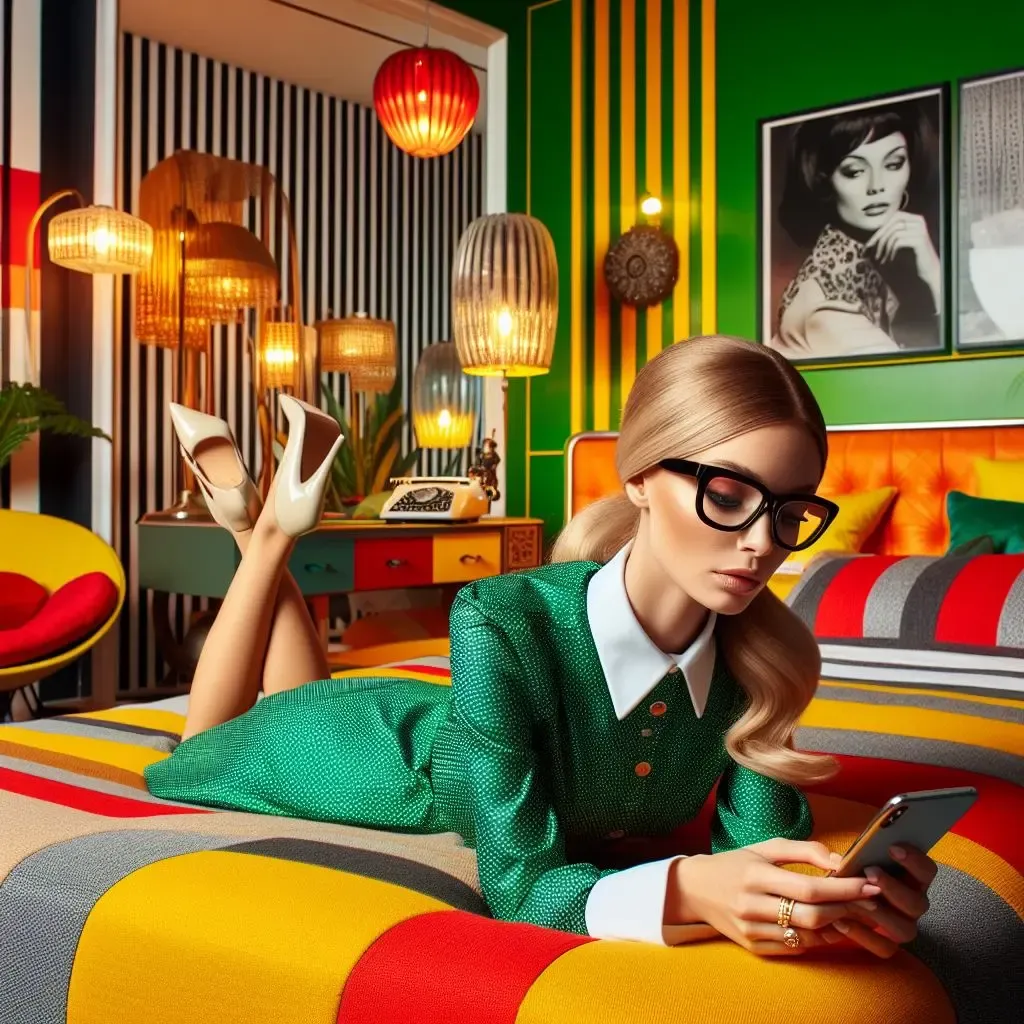 Woman with blonde wavy hair, black square glasses, wearing a green dress with small white dots, white collar, and white sleeves, along with cream-colored high heels. She is in a bedroom lying on a retro-themed bed, looking at her phone. The room is styled with apple green, watermelon red, and lemon yellow colors.