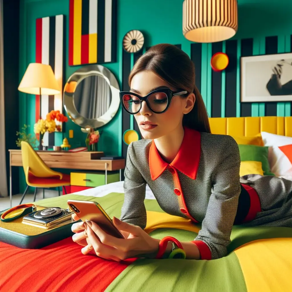 Woman in a bedroom. She has brunette ponytail, black retro glasses, wearing a grey dress with small white dots, orange collar, and orange sleeves. She is lying on a retro-themed bed, looking at her phone. The room is styled with apple green, watermelon red, and lemon yellow colors.