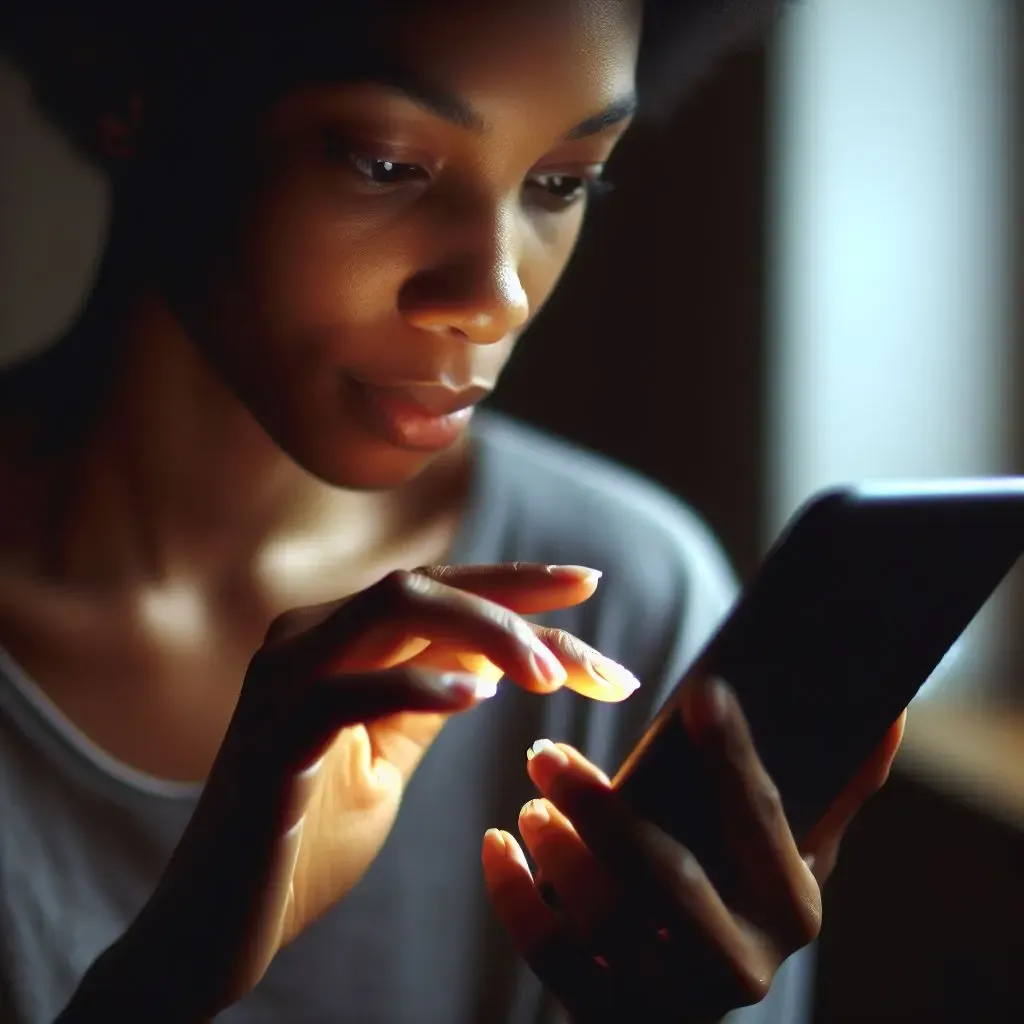 Woman looking at her phone, touching the screen, and interacting with her mobile device.