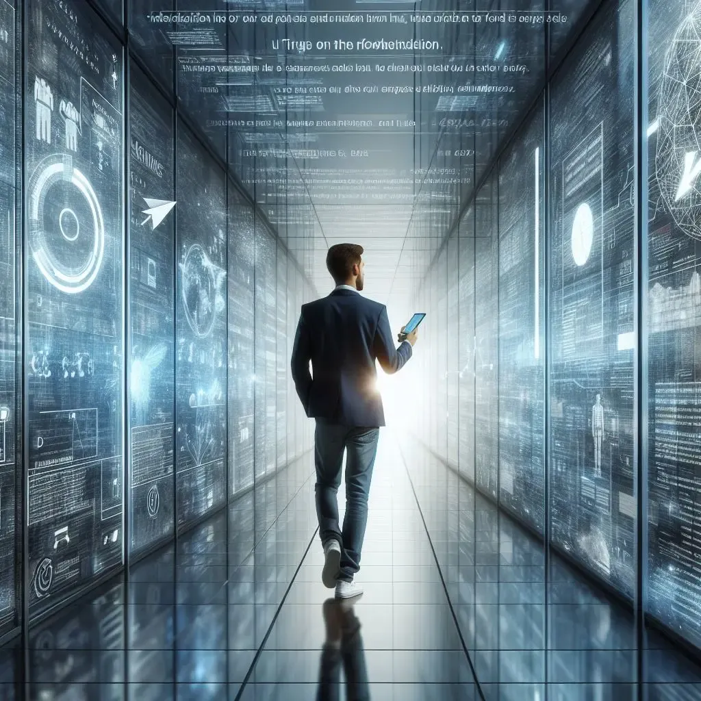 Man in a suit walking through a corridor with technological code displayed on the walls, ceiling, and floor. He is looking at his phone, heading towards a bright light at the end of the corridor.