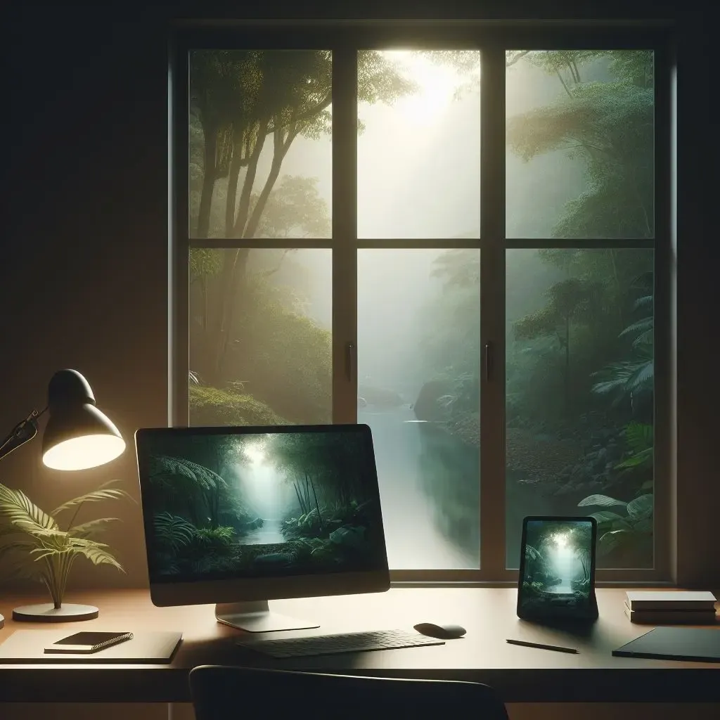 A serene workspace with a desk holding a desktop, tablet, and a lamp. The screens transport you to a lush rainforest scene, visible through a window behind the desk. The moonlight casts a gentle glow on the outside rainforest, creating a tranquil and magical ambiance.