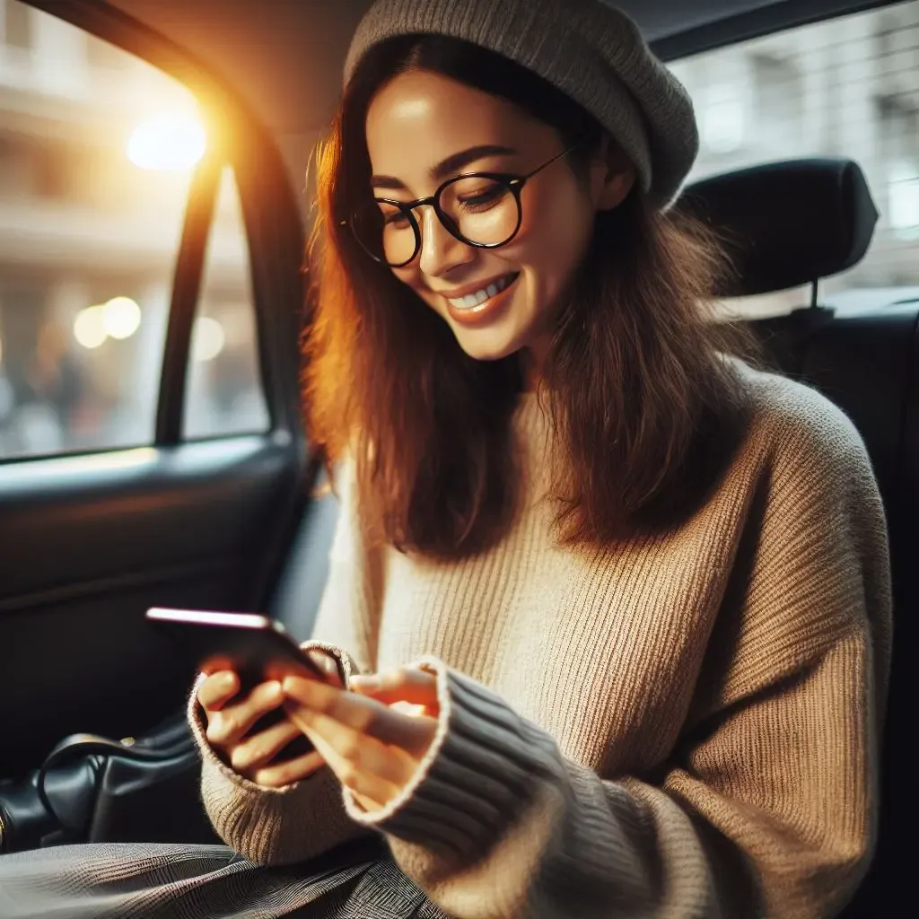 Happy woman with brown hair looking at her phone in the back of a taxi. The sun is shining outside her window. She's wearing a beanie and a sweater.